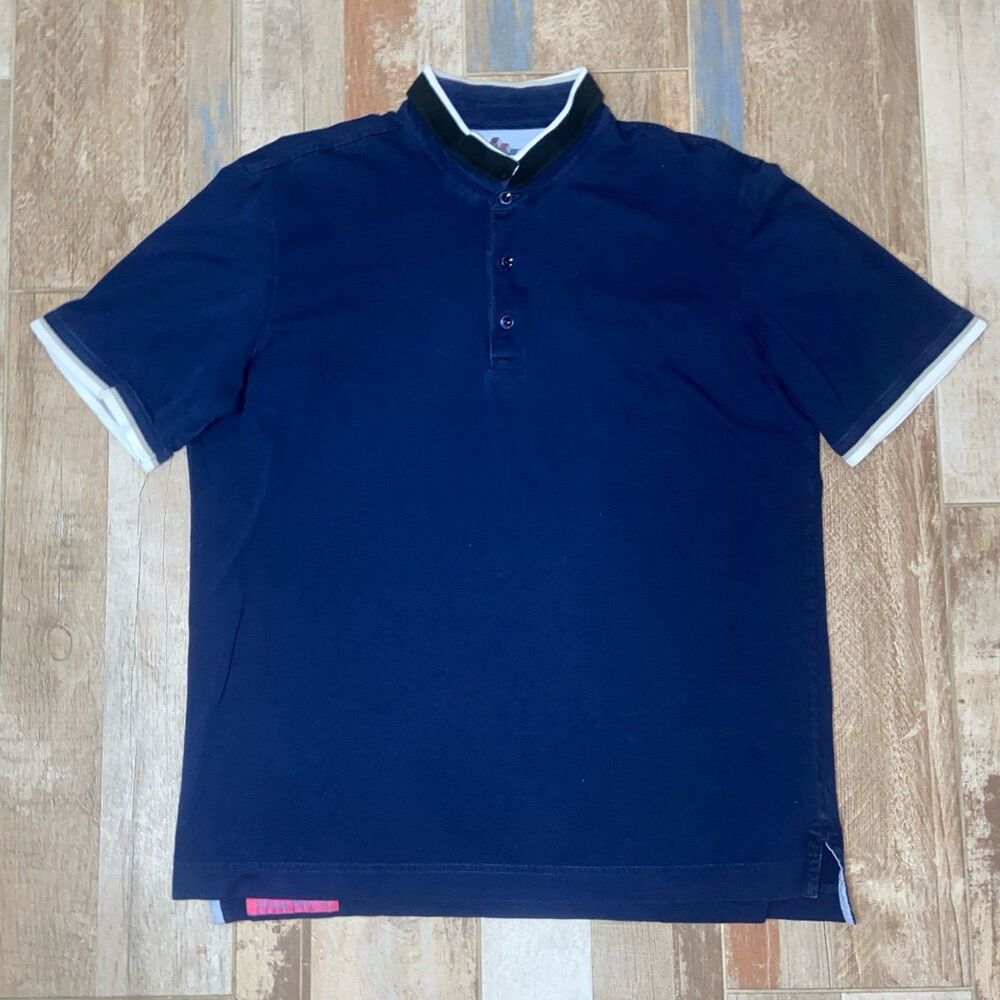 Robert Graham Men's XL Short Sleeve Polo Shirt Navy with Black Grey White Trim